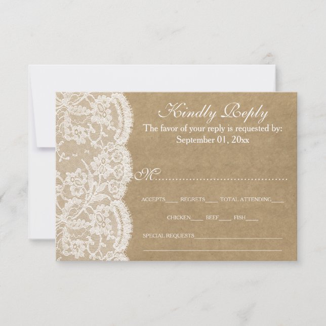 Cartes RSVP de la collection Mariage Kraft & Lace (Devant)