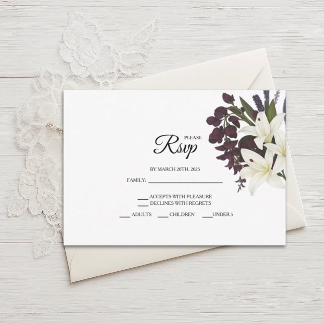 Cartes RSVP de mariage blanc Lily et Plum Floral (Créateur téléchargé)