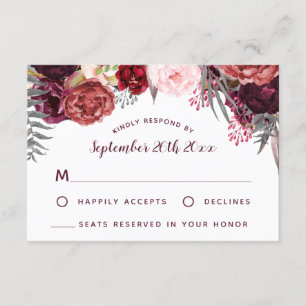 Cartes RSVP de mariage Blush Peony de Bourgogne Ma