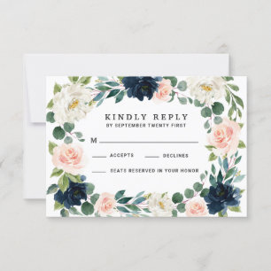 Cartes RSVP de mariage couleur marine et rose pâle