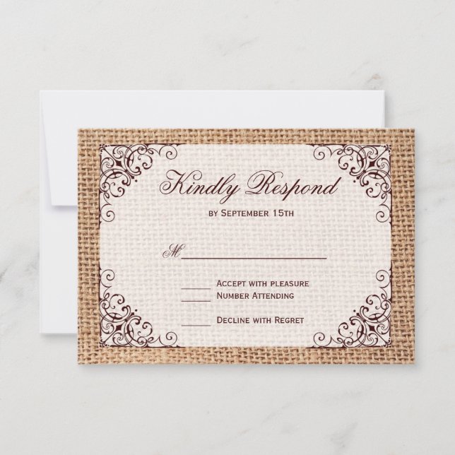 Cartes RSVP de Mariage de Burlap de Pays Rustique (Devant)