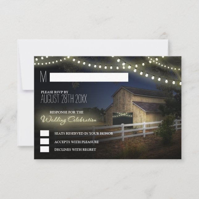 Cartes RSVP de mariage de grange rustique avec lum (Devant)