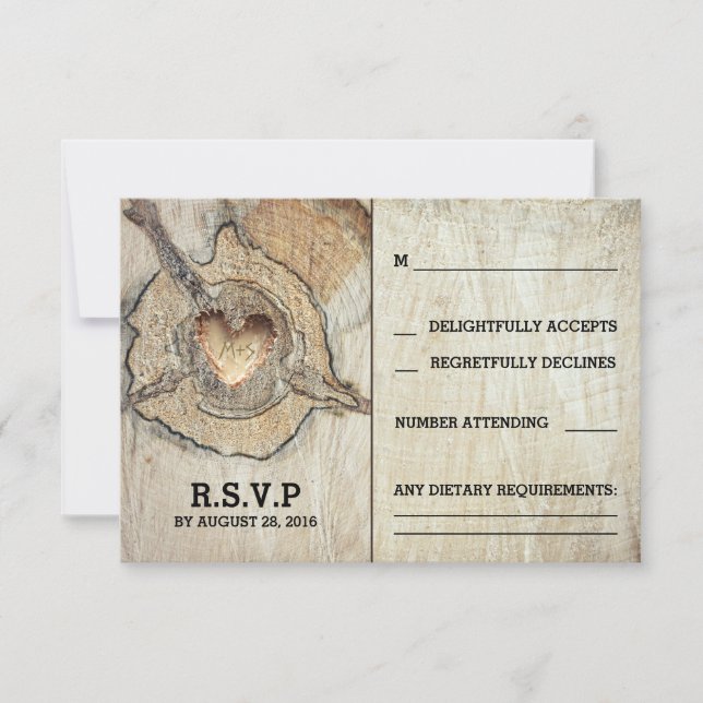 Cartes RSVP de mariage de l'arbre de coeur en bois (Devant)