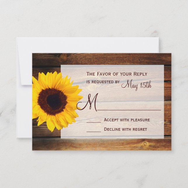 Cartes RSVP de mariage de tournesol en bois rustiq (Devant)