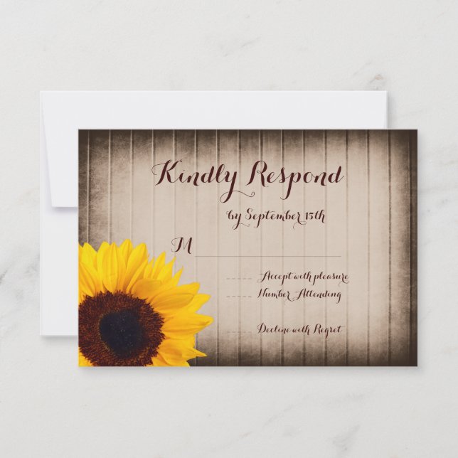Cartes RSVP de mariage de tournesol en bois rustiq (Devant)