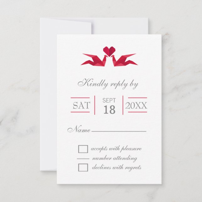 Cartes RSVP de mariage des grues rouges origami (Devant)