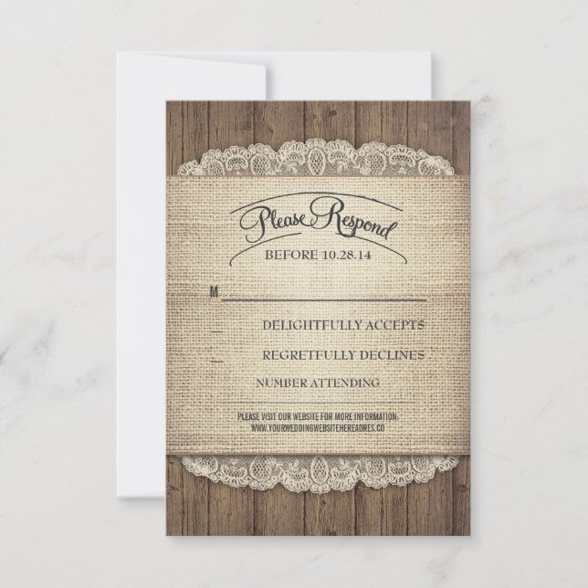 Cartes RSVP de mariage en bois rustique et dentell (Devant)