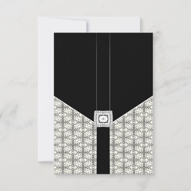 Cartes RSVP de mariage en dentelle noire Damask no (Devant)