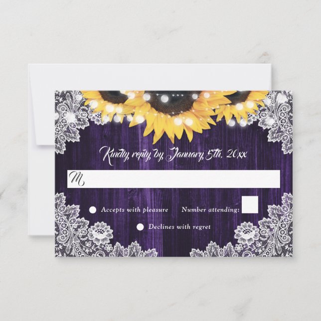Cartes RSVP de mariage en dentelle violette de tou (Devant)