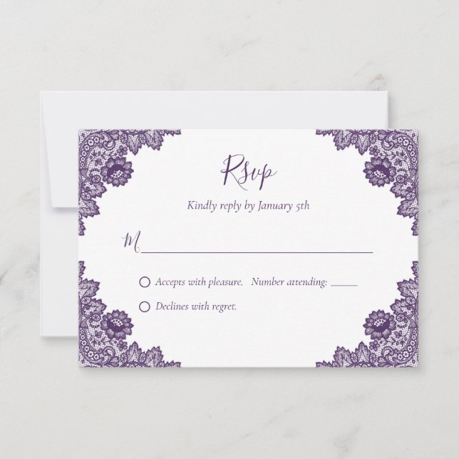 Cartes RSVP de mariage en dentelle violette rustiq (Devant)