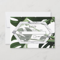 Cartes RSVP de mariage en marbre de Monstera tropi