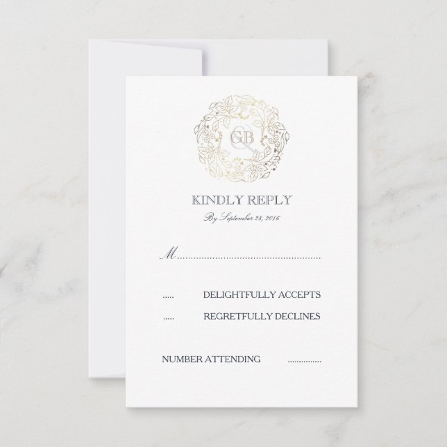 Cartes RSVP de mariage florales blanches et d'or (Devant)