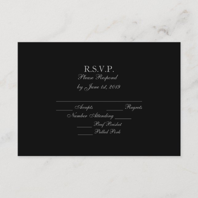 Cartes RSVP de mariage Formelles Noir & Argent Élé (Devant)
