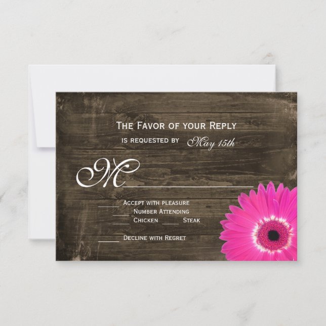Cartes RSVP de mariage rose chaud en bois rustique (Devant)