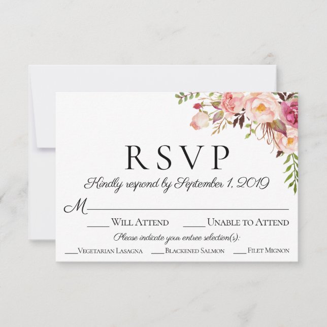 Cartes RSVP de mariage rose floral avec option de  (Devant)