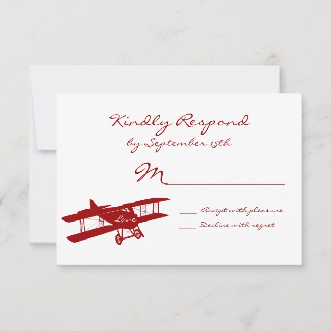 Cartes RSVP de Mariage Rouge Aviateur Biplane vint (Devant)