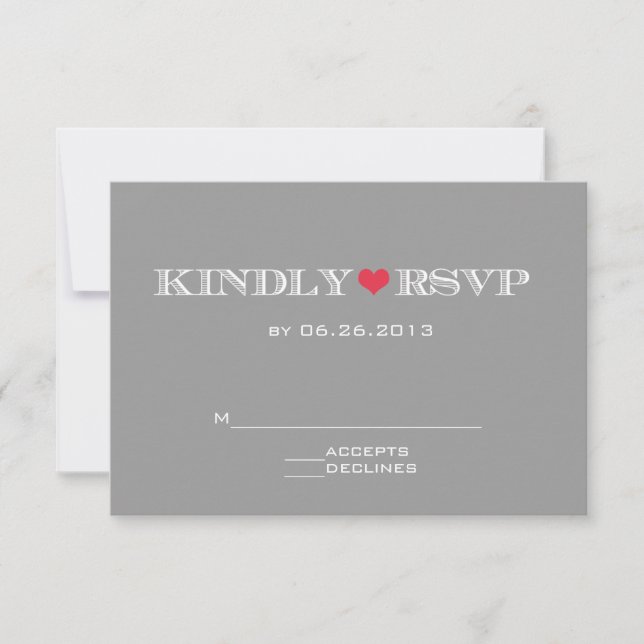 Cartes RSVP de mariage rouge gris coeur mou (Devant)