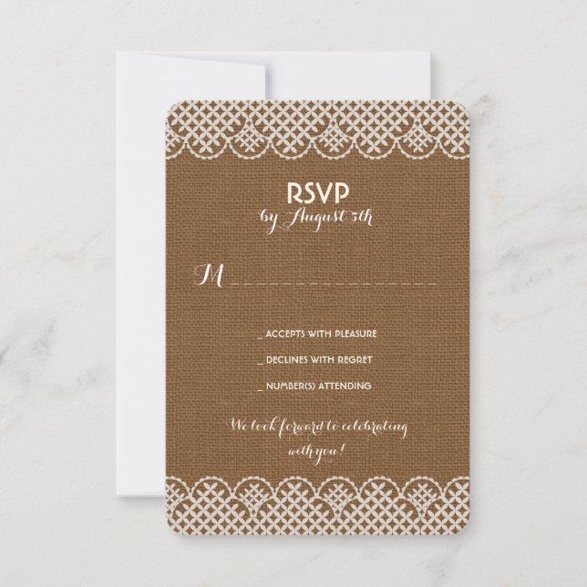 Cartes RSVP de mariage rustique en toile de jute e (Devant)