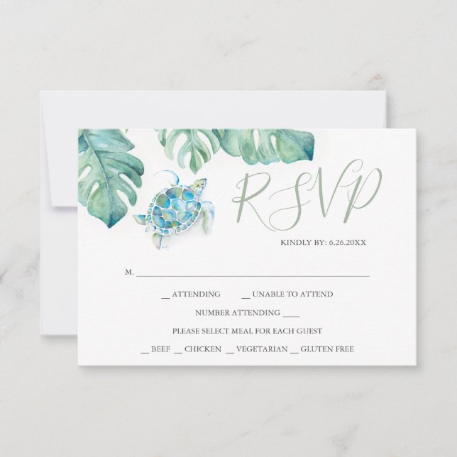 Cartes RSVP de mariage tropical Aquarelle Tortue d (Devant)