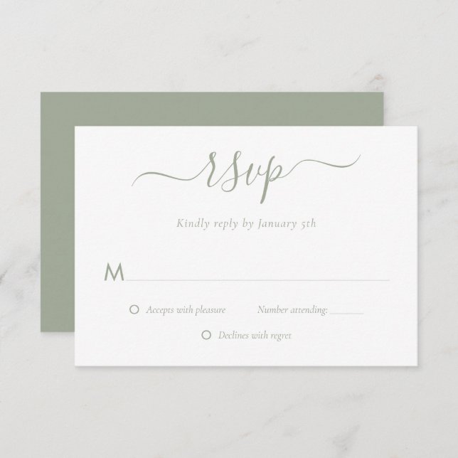 Cartes RSVP de Mariage Vert Sage de Script Moderne (Devant / Derrière)