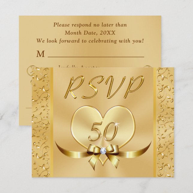 Cartes RSVP dorées pour les 50 ans de mariage (Devant / Derrière)