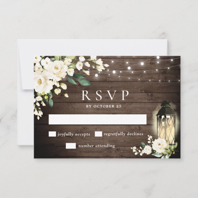 Cartes RSVP en bois et roses blanches (Devant)