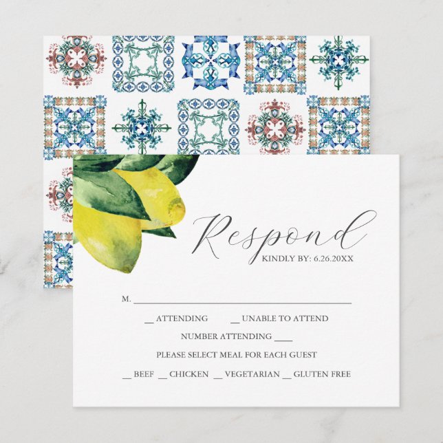 Cartes RSVP en carreaux Amalfi citron avec choix d (Devant / Derrière)