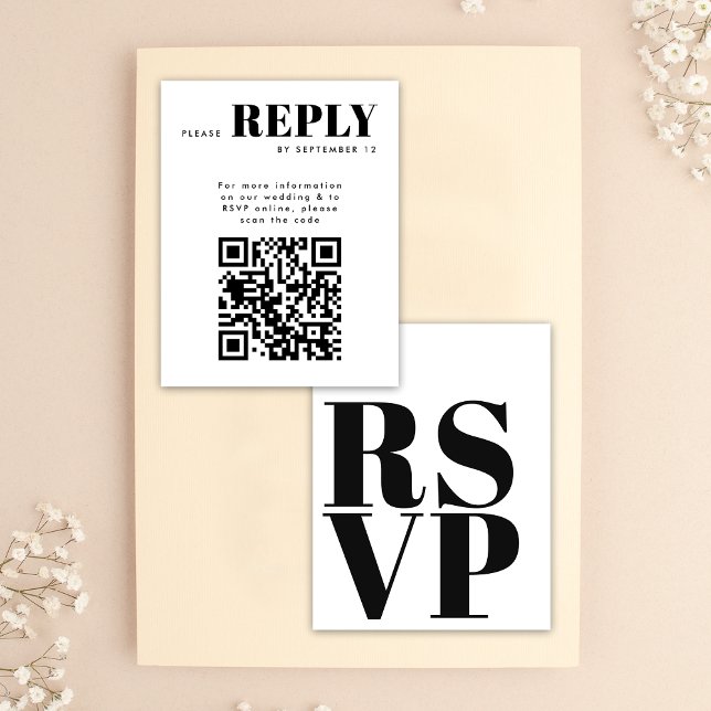 Cartes RSVP en noir blanc simple pour code QR Mari (Front / Back)