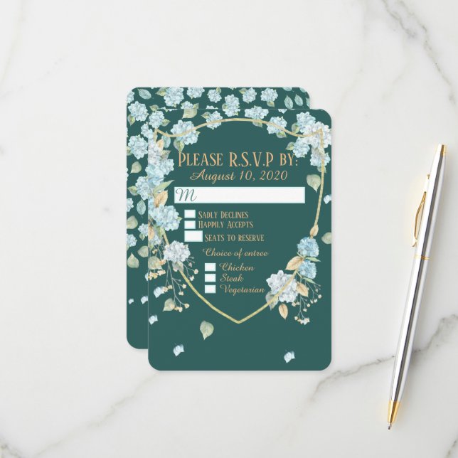 Cartes RSVP Hydrangea au clair de lune (Devant/Arrière en situation)