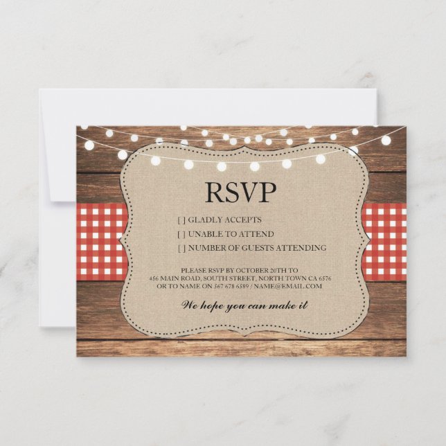 Cartes RSVP Mariage Bois Burlap Rustique Rouge à c (Devant)