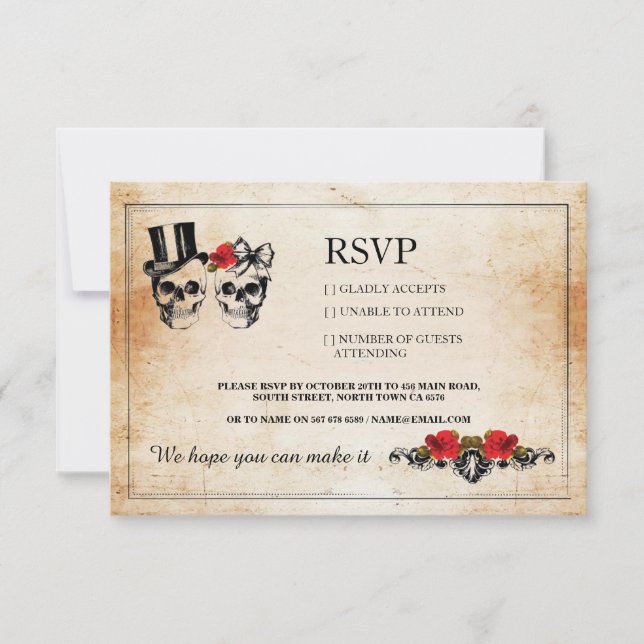 Cartes RSVP Mariage Crânes Roses Crânes Rustiques (Devant)
