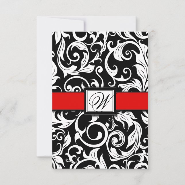 Cartes RSVP Mariage damassé en noir et rouge (Devant)