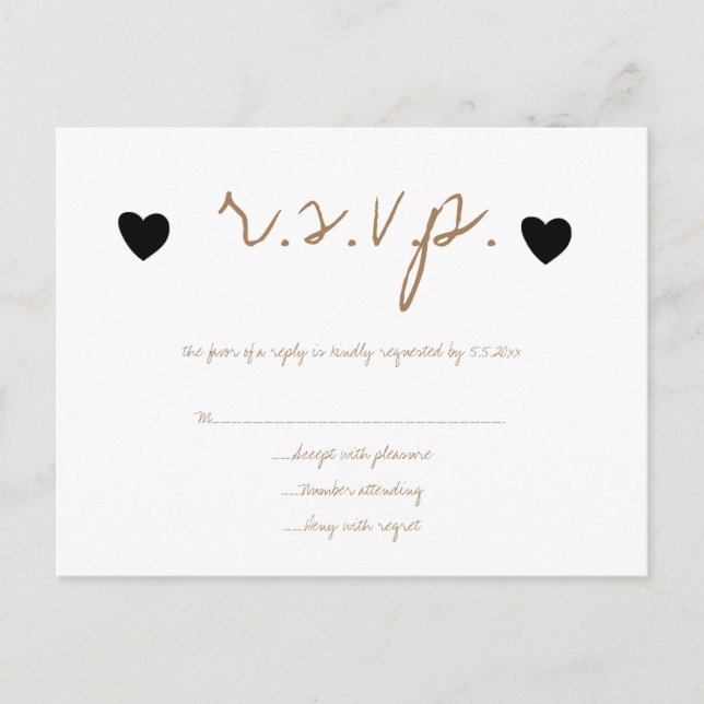 Cartes RSVP mariage pour coeur noir or (Devant)