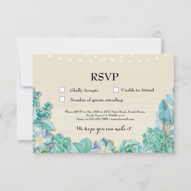 Cartes RSVP Mariage Rustique Menthe Succulentes In (Devant)