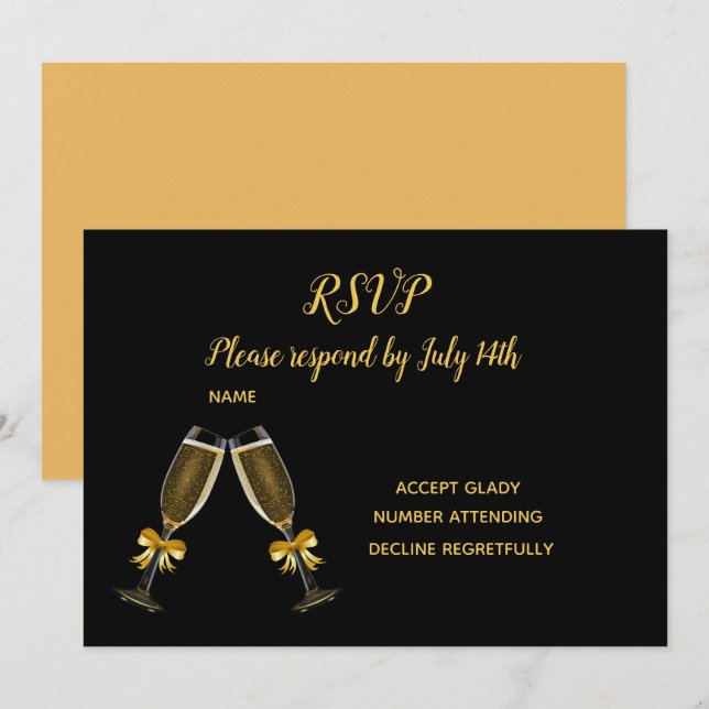 Cartes RSVP mariage verres à champagne noirs et do (Devant / Derrière)