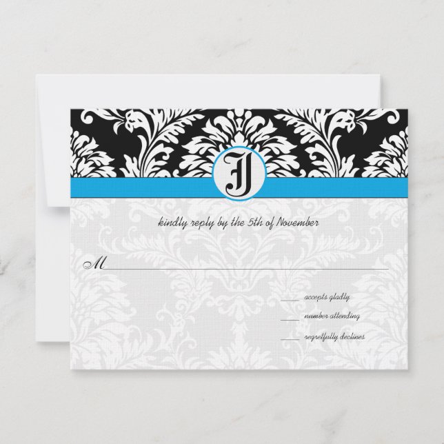 Cartes RSVP Noir Damask Aquamarine Trim Wedding (Devant)