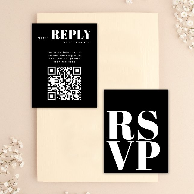 Cartes RSVP noir et élégant pour code QR Mariage (Front / Back)