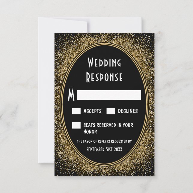 Cartes RSVP Noir et Or Foil Art Déco Mariage (Devant)