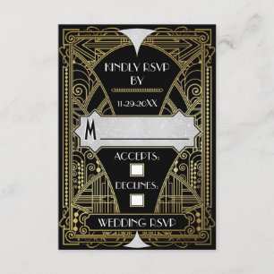 Cartes RSVP Noir & Or Art Déco Mariage vintage