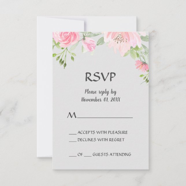 Cartes RSVP Pivoines Rose sur Fond Gris (Devant)