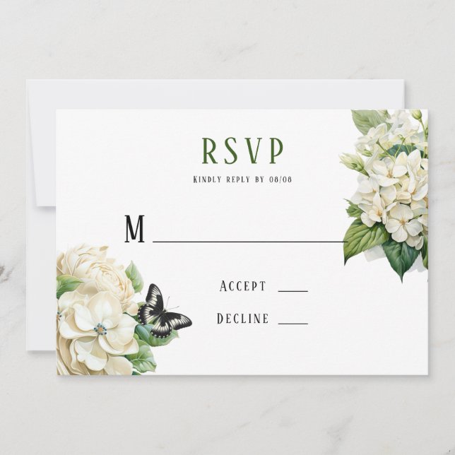 Cartes RSVP pour mariage à papillon Hydrangea blan (Devant)