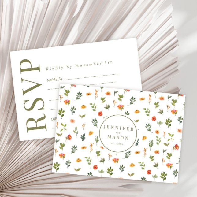 Cartes RSVP pour mariage floral orange vert aquare (Créateur téléchargé)