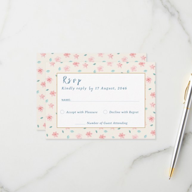 Cartes RSVP pour petites fleurs roses (Devant/Arrière en situation)