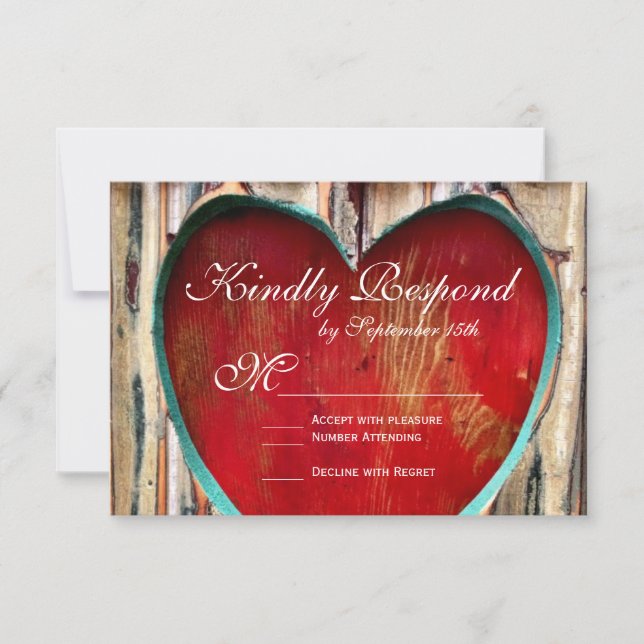 Cartes RSVP Rustic Wood Heart Mariage campagnard (Devant)