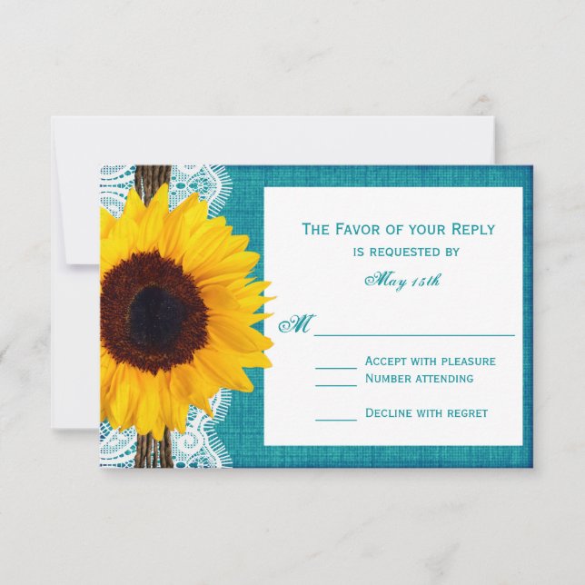 Cartes RSVP turquoise Mariage campagnard rustique  (Devant)