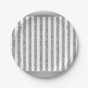 Carton Assiettes en carton, rayure grise argenté et blanc