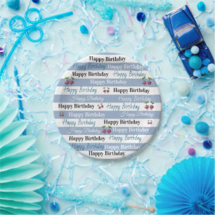Carton Assiettes en Papier, Rayure Bleue et Blanche Anniv