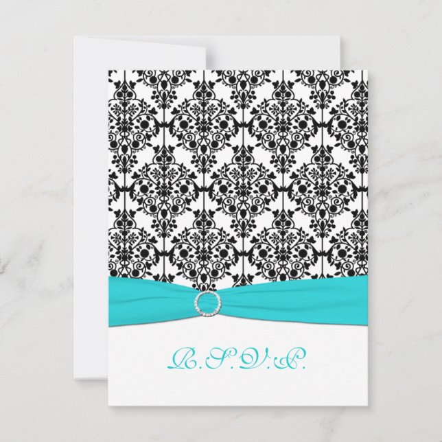 Carton de réponse Aqua, Blanc, Noir Damask II RSVP (Devant)
