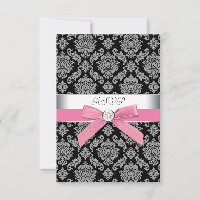 Carton de réponse en damas rose noir RSVP (Devant)
