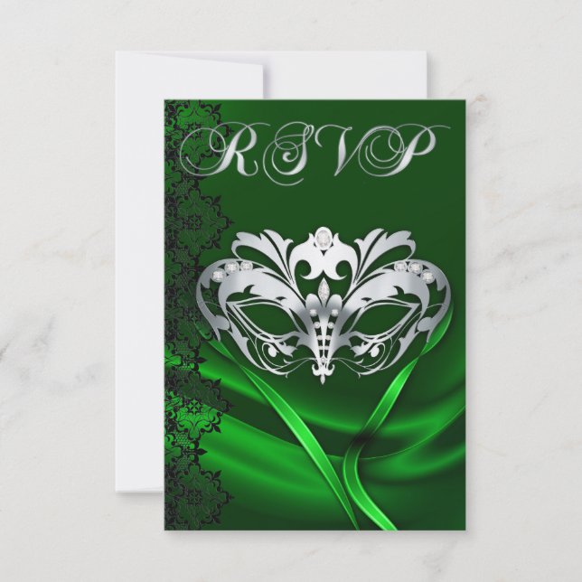 Carton de réponse RSVP Silver Masquerade Green Jew (Devant)